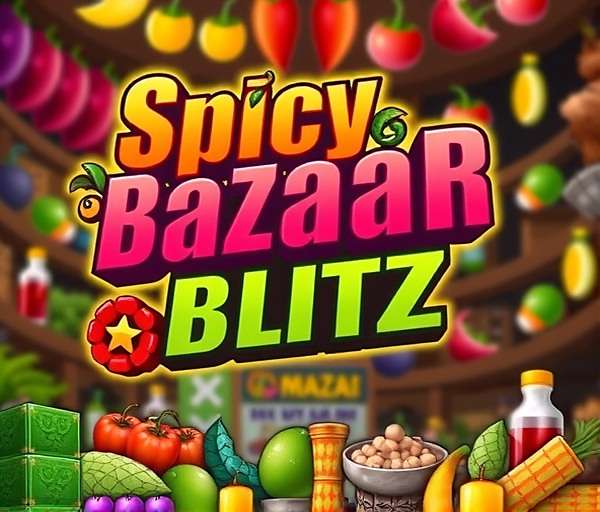Spicy Bazaar Blitz game logo with colorful spices and market elements