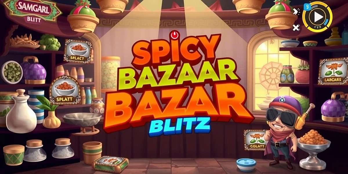 Spicy Bazaar Blitz main gameplay showing a bustling Indian market scene with spices and characters