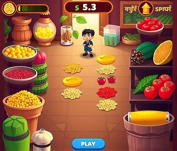 Spicy Bazaar Blitz gameplay showing character collecting spices in a market lane